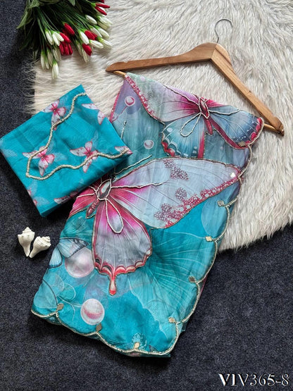 Beautifull Soft Tabby With Real Mirror With Butterfly Work Saree