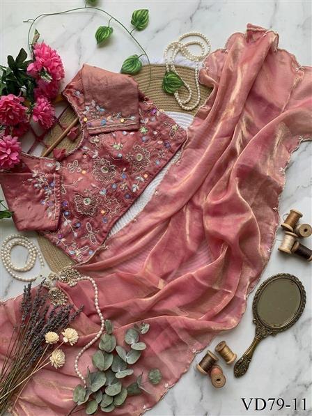 Beautiful Soft Rich Fendy Satin Silk With Hand Cutdana Moti Work Saree
