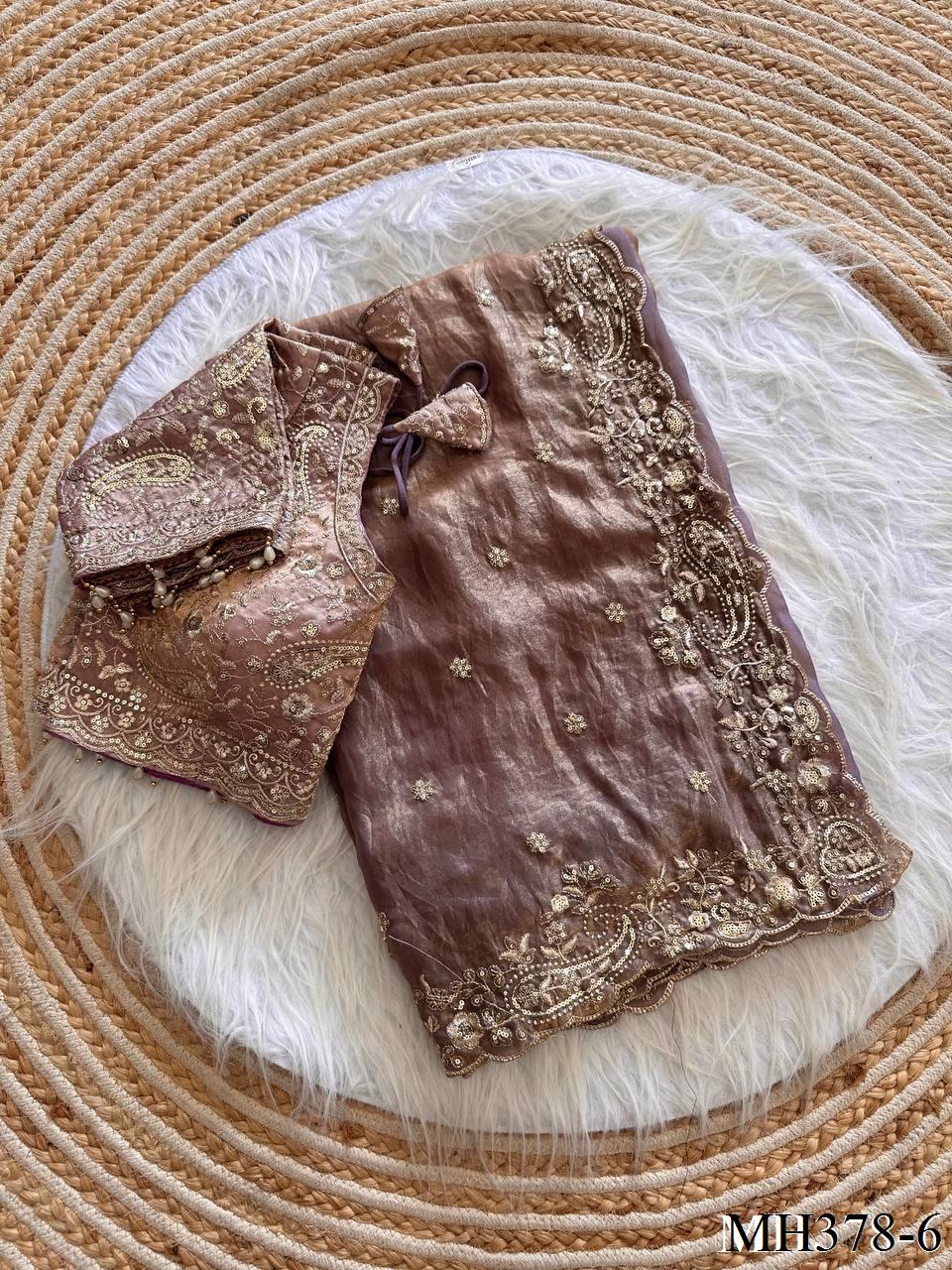 Beautiful Soft Fandy Satin Silk With Embroidery Sequence Work Saree