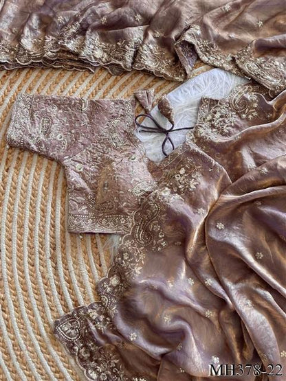 Beautiful Soft Fandy Satin Silk With Embroidery Sequence Work Saree