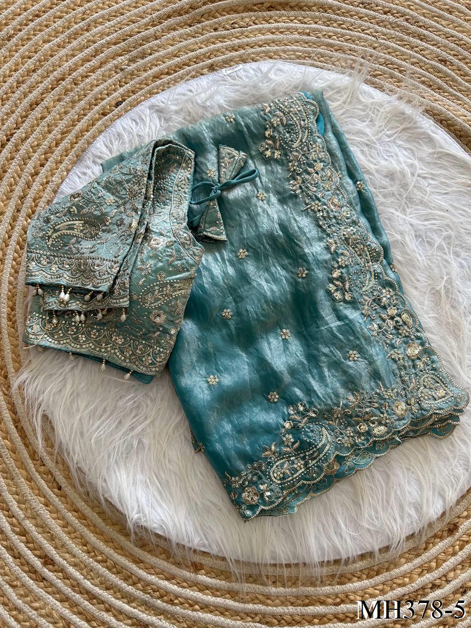 Beautiful Soft Fandy Satin Silk With Embroidery Sequence Work Saree