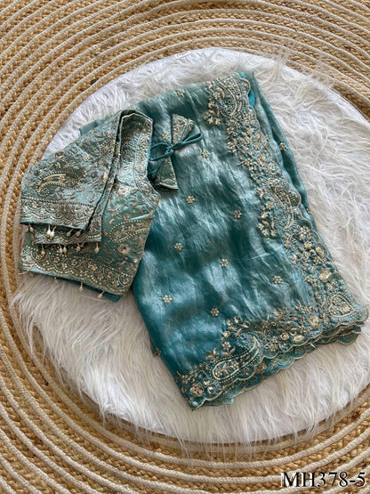 Beautiful Soft Fandy Satin Silk With Embroidery Sequence Work Saree