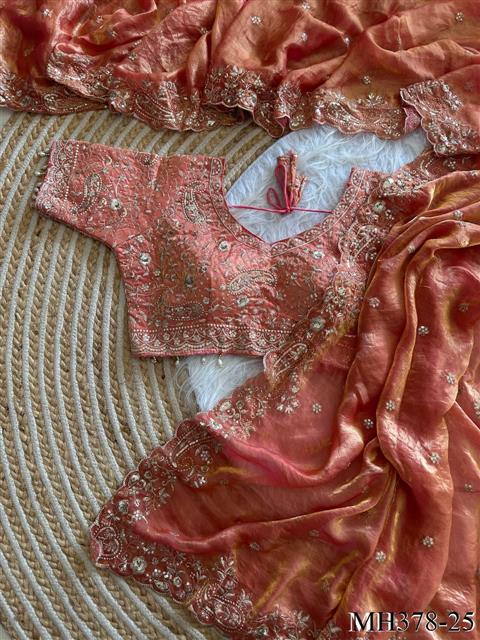 Beautiful Soft Fandy Satin Silk With Embroidery Sequence Work Saree