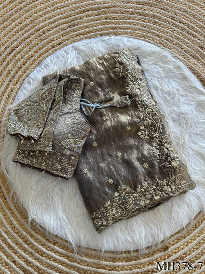 Beautiful Soft Fandy Satin Silk With Embroidery Sequence Work Saree