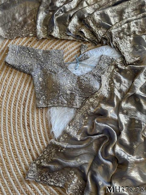 Beautiful Soft Fandy Satin Silk With Embroidery Sequence Work Saree