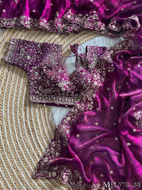Beautiful Soft Fandy Satin Silk With Embroidery Sequence Work Saree
