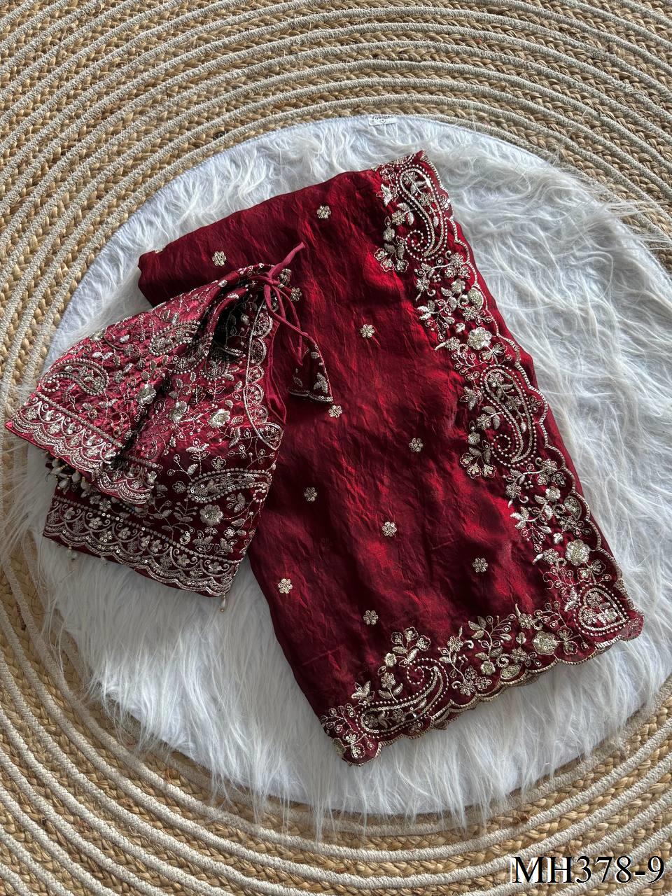 Beautiful Soft Fandy Satin Silk With Embroidery Sequence Work Saree