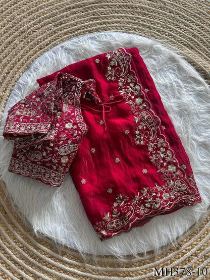 Beautiful Soft Fandy Satin Silk With Embroidery Sequence Work Saree
