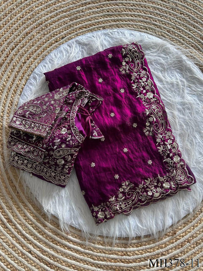 Beautiful Soft Fandy Satin Silk With Embroidery Sequence Work Saree