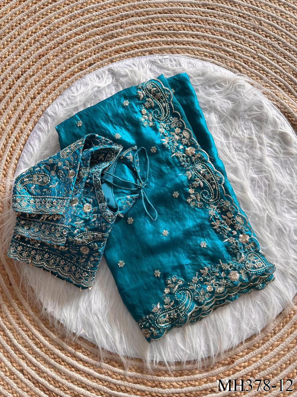 Beautiful Soft Fandy Satin Silk With Embroidery Sequence Work Saree