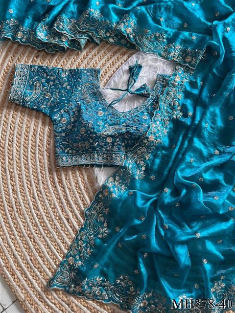 Beautiful Soft Fandy Satin Silk With Embroidery Sequence Work Saree