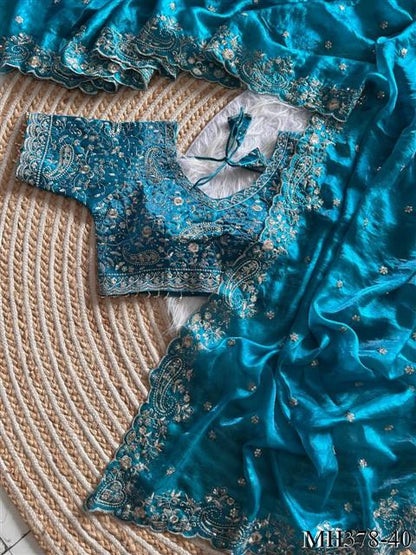 Beautiful Soft Fandy Satin Silk With Embroidery Sequence Work Saree