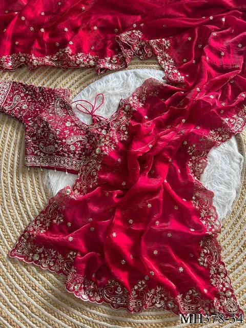 Beautiful Soft Fandy Satin Silk With Embroidery Sequence Work Saree