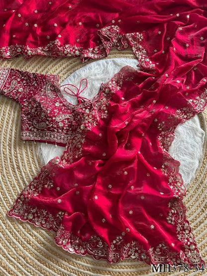Beautiful Soft Fandy Satin Silk With Embroidery Sequence Work Saree