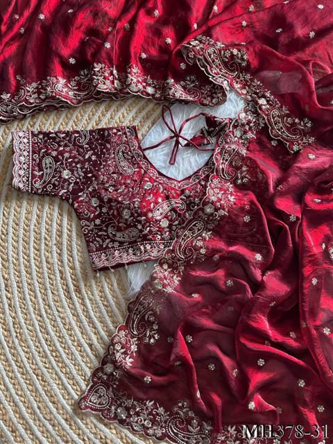 Beautiful Soft Fandy Satin Silk With Embroidery Sequence Work Saree