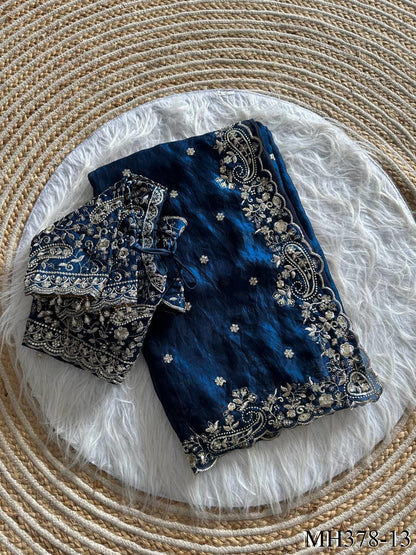 Beautiful Soft Fandy Satin Silk With Embroidery Sequence Work Saree