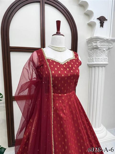 Beautiful Soft Rich Chanderi Jacquard Butti With Fancy Lace Work Gown Set