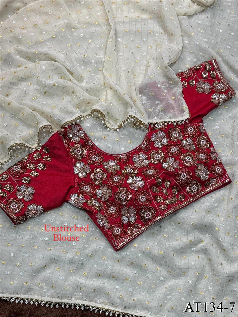 Beautiful Soft Rich Crunchy Georgette With Dual Gold & Silver Zari Butti Work Saree
