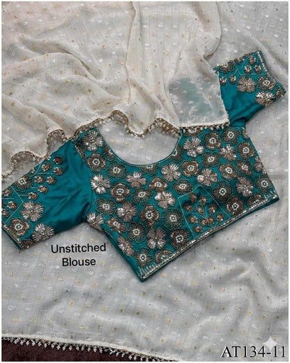 Beautiful Soft Rich Crunchy Georgette With Dual Gold & Silver Zari Butti Work Saree