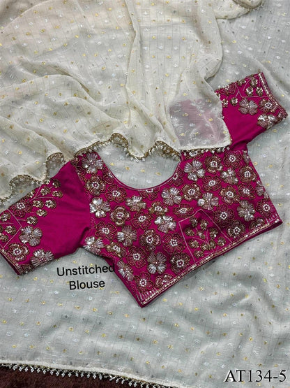 Beautiful Soft Rich Crunchy Georgette With Dual Gold & Silver Zari Butti Work Saree