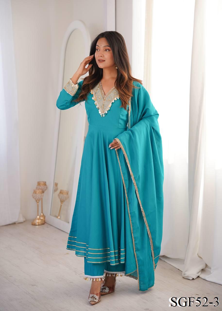 Beautifull Sky Blue Color Roman Fabric With Embroidery Work Gown