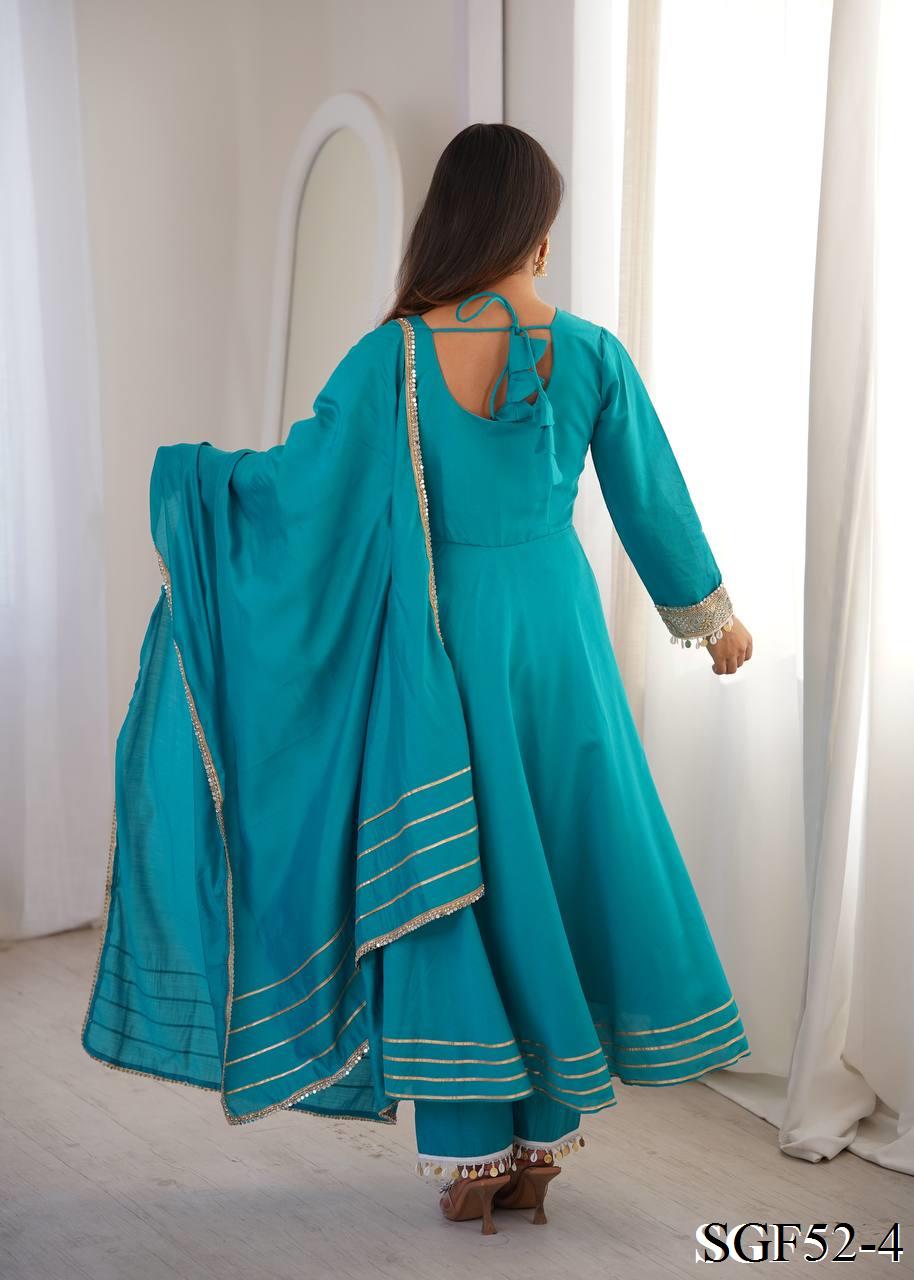 Beautifull Sky Blue Color Roman Fabric With Embroidery Work Gown