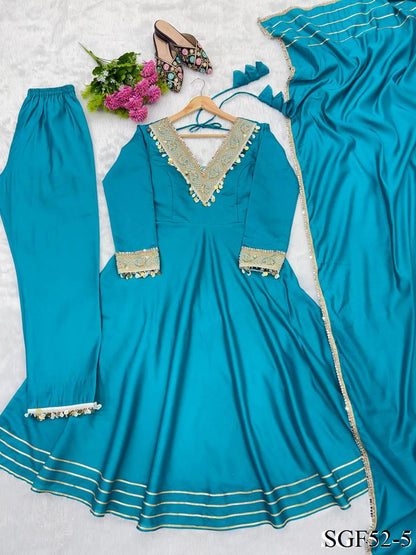 Beautifull Sky Blue Color Roman Fabric With Embroidery Work Gown
