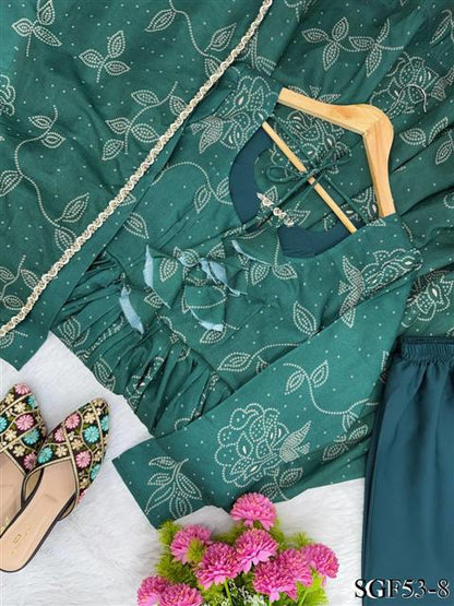 Beautiful Soft Rich Printed Maslin With Golden Lace Work Gown