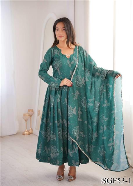 Beautiful Soft Rich Printed Maslin With Golden Lace Work Gown
