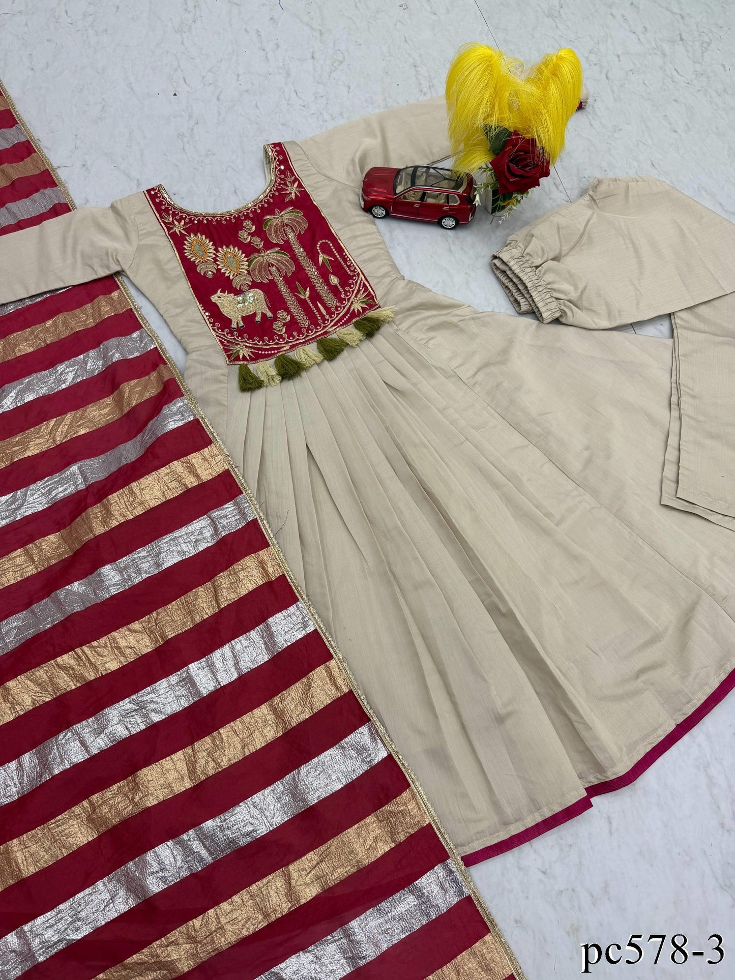 Beautifull Off White Color Roman Fabric With Tushar Silk Top Pent
