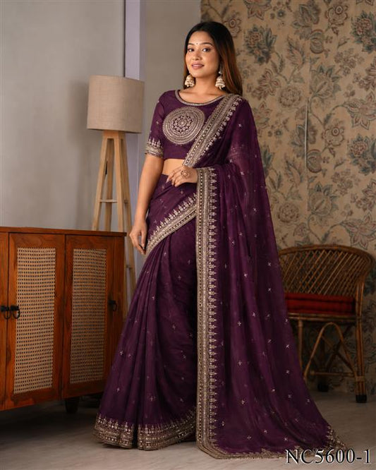 Beautiful Soft Rich Soft NC Twill Silk With Sequins Embroidery Work Saree