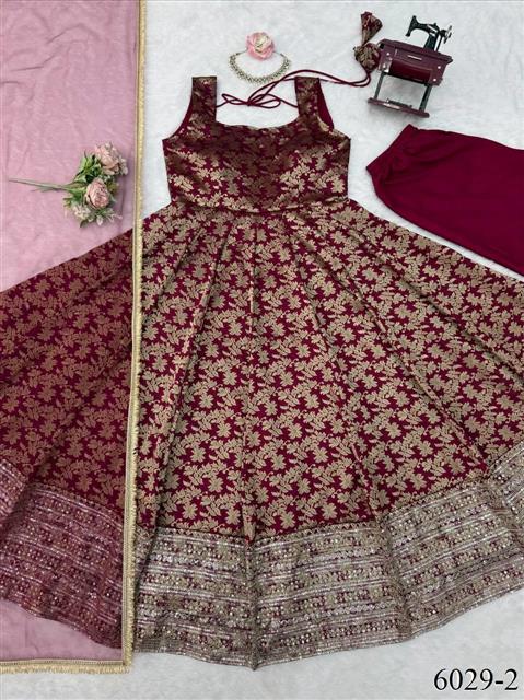 Beautiful Soft Rich Chanderi Jacquard Butti With Thread & Sequence Work Gown Set