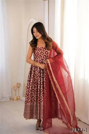Beautiful Soft Rich Chanderi Jacquard Butti With Thread & Sequence Work Gown Set