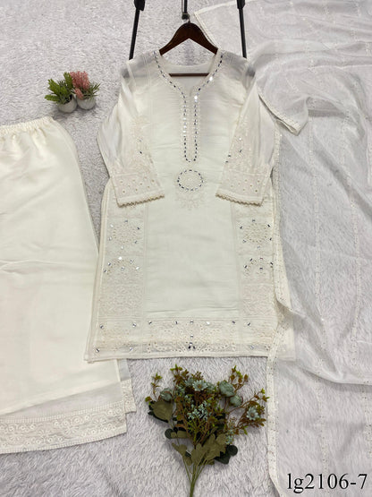 Beautiful Soft Rich Mal Chanderi With Hand Mirror & Sequence Embroidery Work Plazzo Suit