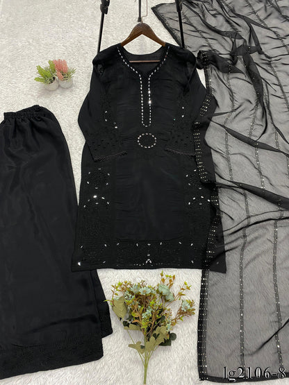 Beautiful Soft Rich Mal Chanderi With Hand Mirror & Sequence Embroidery Work Plazzo Suit