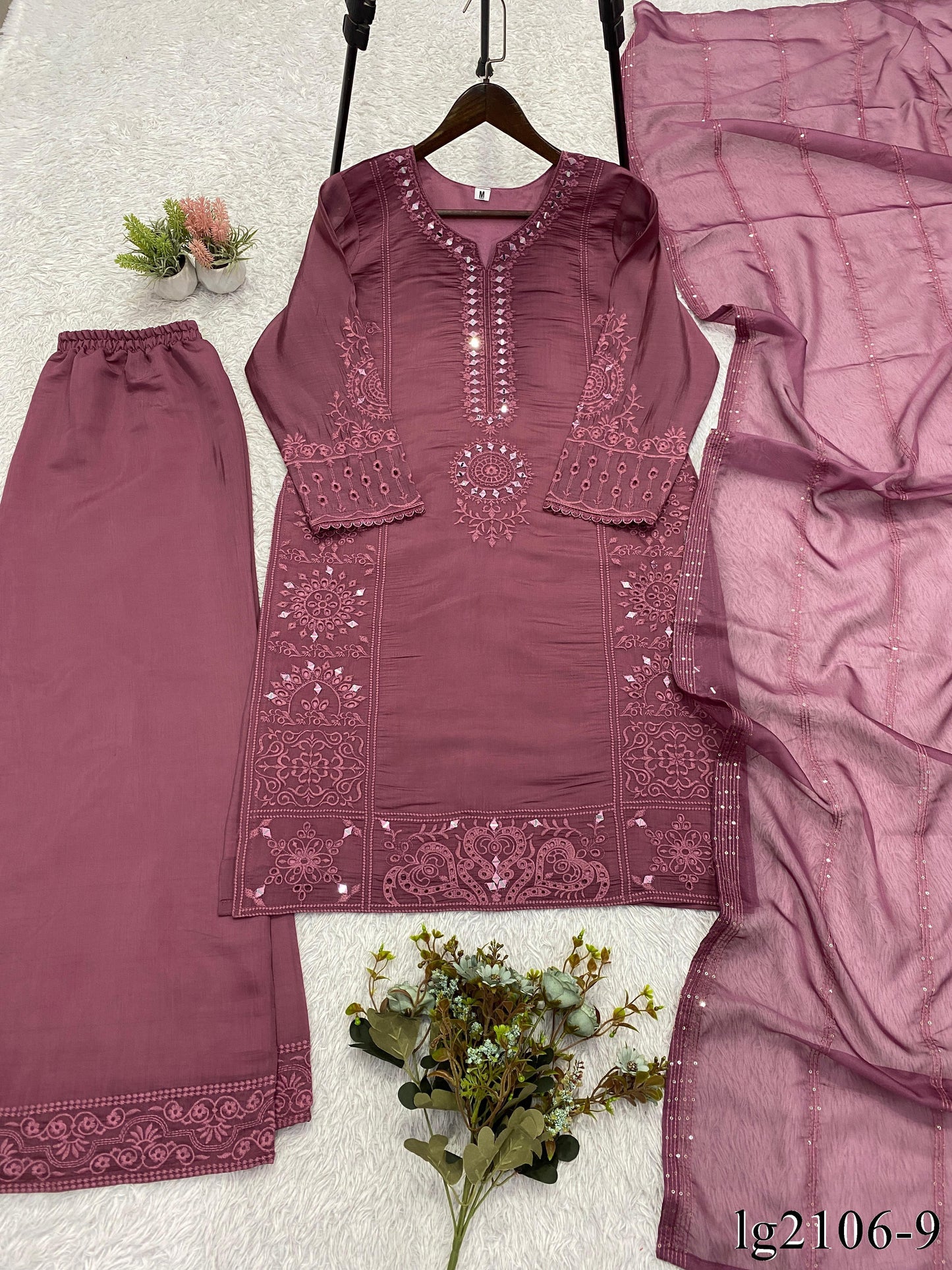 Beautiful Soft Rich Mal Chanderi With Hand Mirror & Sequence Embroidery Work Plazzo Suit