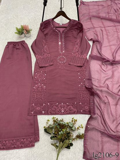 Beautiful Soft Rich Mal Chanderi With Hand Mirror & Sequence Embroidery Work Plazzo Suit