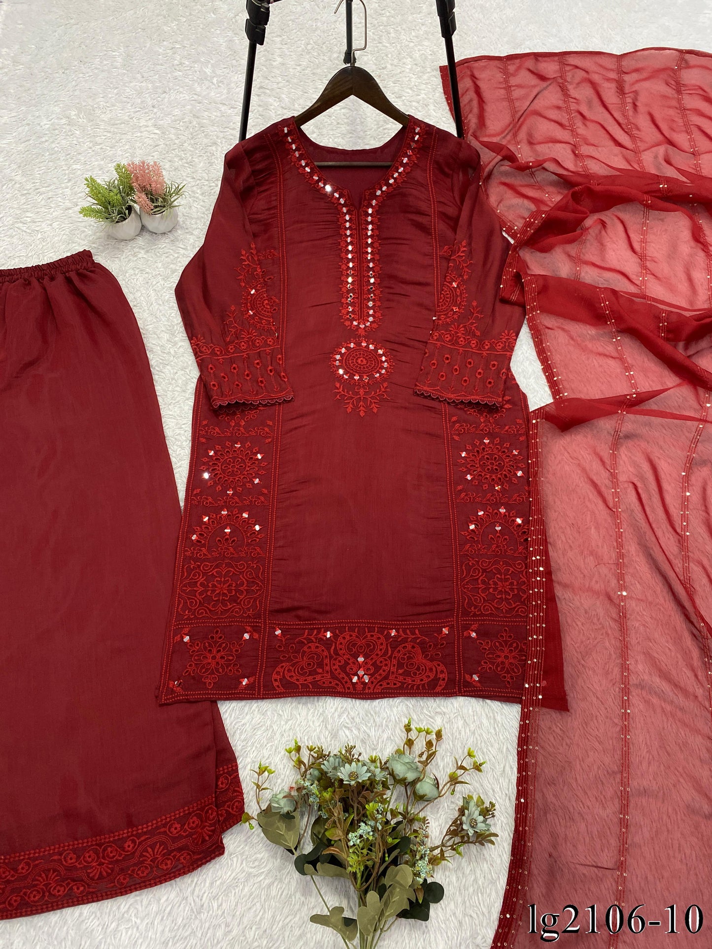 Beautiful Soft Rich Mal Chanderi With Hand Mirror & Sequence Embroidery Work Plazzo Suit