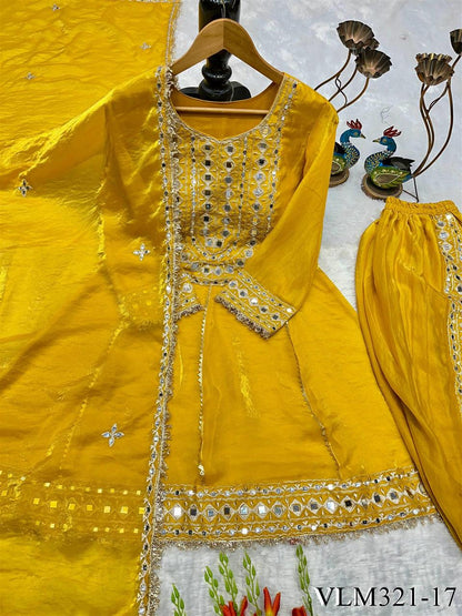 Beautiful Soft Rich Heavy Fendy Silk With Embroidery & Real Mirror Work Dhoti Suit Set