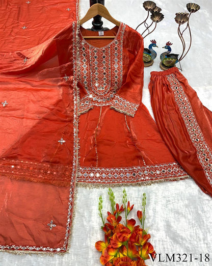 Beautiful Soft Rich Heavy Fendy Silk With Embroidery & Real Mirror Work Dhoti Suit Set