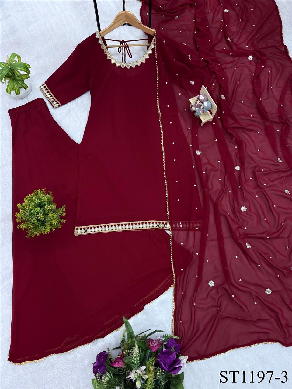 Beautiful Soft Rich Faux Georgette With Real Mirror Work Kurti Plazzo Set