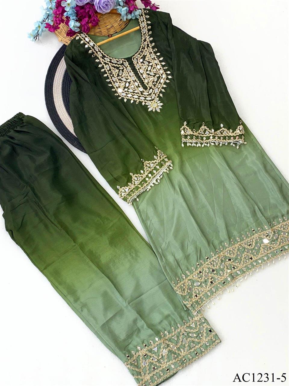 Beautiful Soft Rich 2 Tone Chinon With Hand Embroidery & Real Mirror Work Plazzo Suit Set