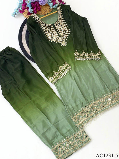 Beautiful Soft Rich 2 Tone Chinon With Hand Embroidery & Real Mirror Work Plazzo Suit Set