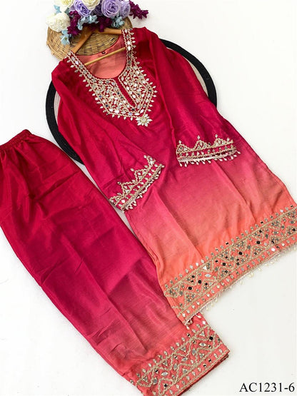Beautiful Soft Rich 2 Tone Chinon With Hand Embroidery & Real Mirror Work Plazzo Suit Set