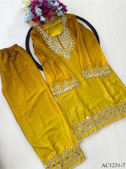 Beautiful Soft Rich 2 Tone Chinon With Hand Embroidery & Real Mirror Work Plazzo Suit Set
