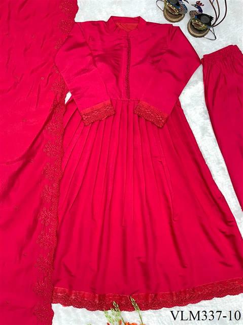 Beautiful Soft Rich Heavy Roman Silk With Heavy Embroidery Work Gown Set
