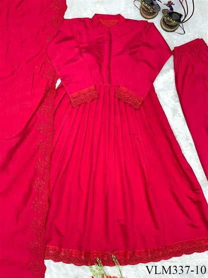 Beautiful Soft Rich Heavy Roman Silk With Heavy Embroidery Work Gown Set