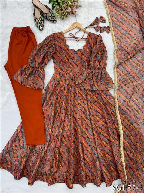Beautiful Soft Rich Tebi Organza With Golden Mirror Lace Work Gown Set