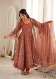 Beautiful Soft Rich Tebi Organza With Golden Mirror Lace Work Gown Set