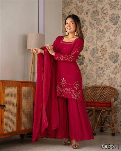 Beautiful Soft Rich Fendy Silk With Thread & Sequence Embroidery Work Plazzo Suit Set